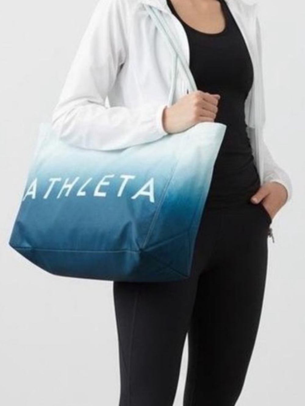 NWT Athleta Blue Ombre Tote bag 100% Cotton Canvas Shoulder Bag Large Logo